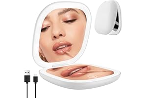 JTOOYS LED Taschenspiegel mit Vergrößerung 1×/10×, Tragbar Klein Kosmetikspiegel USB Wiederaufladbarer Handspiegel mit Dimmable Mini Klappbarer Reisespiegel Kompaktspiegel für Handtaschen, quadratisch - Weiß