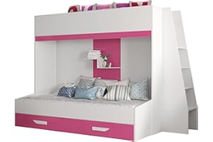 ‎MEBLE KRYSPOL MEBLE KRYSPOL Party 17 Hochbett für Kinder, Jugendliche mit Stauraum - Etagenbett mit Schreibtisch, Kleiderschrank, Bücherregal und Trittleitern - 230x135x165 cm - Weiß, Rosa, Weiß + Rosa
