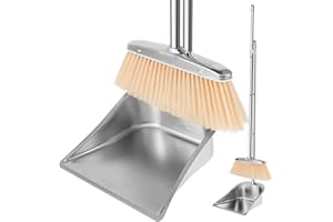 MAMAMAX Balai et Pelle à Poussière à Manche Long 118cm Ensemble Balai et Pelle à Poussière Verticale Rotatif à 180 ° avec Dents Balayette et Pelle à Balai pour Maison Bureau (124cm Argent)