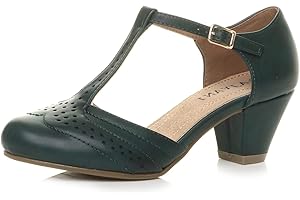 AJVANI Womens Ladies mid Cuban Heel Cut Out T-bar Mary Jane Comfort Grip Sole Brogues Sandals Shoes Size