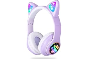 LAIBUY Bluetooth Kopfhörer Kinder, Kabellos Kinder Kopfhörer mit LED-licht Katzenohren und Mikrofon,HD Stereo Sound Faltbare Mädchen Kopfhörer für PC/Telefon/Lernen/Reisen (Lila)