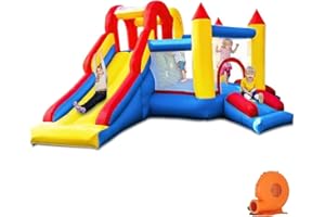 Ballsea Castello gonfiabile con scivolo, parco giochi per interni ed esterni, certificato di sicurezza, diverse aree di gioco, 3-10 anni, 375x305x195 cm (con ventola)