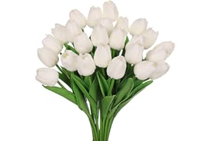 huaao 24pcs Flores Tulipanes Artificiales de látex, Plantas Artificiales Falsos Tacto Realista arreglos Florales decoración para hogar, casa, Oficina, Sala, Banquete Boda Nupcial, Fiestas (Blanco)