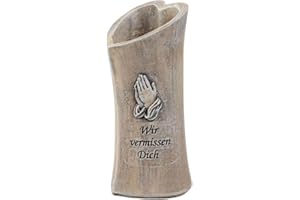 MEL-O-DESIGN GMBH Grabvase mit Betenden Händen und Spruch 'Wir vermissen Dich', 17 cm, Grau-Beige