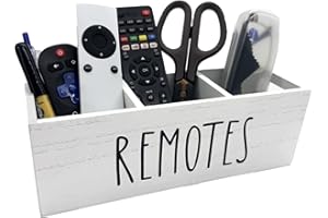 WuJiLiving Wooden Remote Control Holder with 2 Compartment, Wood Desk Organiser Storage Box, Remote Control Caddy (White-3Slot)