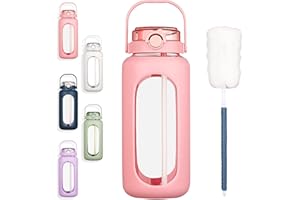 BLUEGO 2L Gourd en verre Avec paille Marqueur de temps Bouteille d'eau Motivation avec manchon en silicone 2 litres Grande carafe d'eau en Verre pour Gym, sports et entraînement, Rose