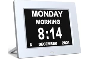 Hiseeyo 8 Inch Alarm Clock Digital with Automatic Brightness Adjustment, Quiet LCD Display Alarm Clock with Humidity and Temperature for Adults and Children and Alzheimer's Disease (White, 8 inches)