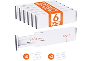 Lifewit Lot de 6 Separateur Tiroirs en Plastique avec 10 Inserts, 10 cm de Haut, 34-56 cm Organisateur Tiroir à Vetement Ajustables pour Chambre/Salle de Bain/Cuisine/Réfrigérateur/Bureau Organisation