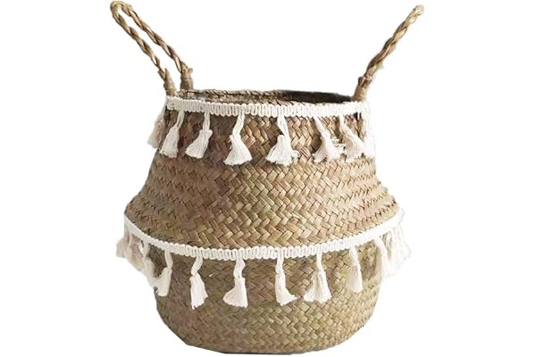 Panier de rangement tressé pliable en jonc de mer naturel par Szetosy avec pompon - avec poignée - pour linge, jouets ou jardinières, crèche, Style 10, 32x28cm