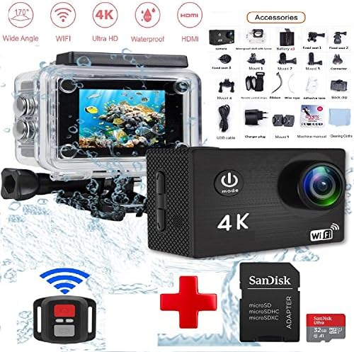 Action Camera with 32G Micro SD Included，Underwater Action Camera 4K Wi-Fi Action Cam 20MP Waterproof 100ft with Waterproof ，2 Inch LCD,170 Degree View Angle + 3 Batteries 1050mAh And Remote Control
