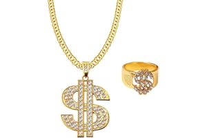 JKJF Collar con signo de dólar, conjunto de anillos de 80 y 90, collar de hip hop, cadena de oro para hombres y mujeres, suministros de cosplay de fiesta, oro (eRoot-JKJF-688)