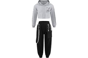 Mufeng Ensemble Danse Hip Hop Enfant Fille Crop Top Sweat à Capuche Manches Longues Pantalon Cargo Tenue Danse Jazz Streetwear 3-16 Ans