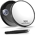 Macaki 30X Magnifying Mirror with 2 Suction Cups, 8.8cm Magnified Makeup Mirror and Slant Tweezers,1PCS,Black