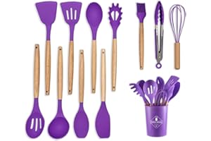 CCHONG Set de 12 Ustensiles de Cuisine Silicone, Ustensiles de Cuisine Bois, Antiadhésive Anti-Rayures et Résistante à la Chaleur, Gadget Cuisine, Cuisine Accessoires (Violet)