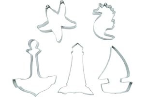BekkiB 880204 - Set di 5 stampini "Maritim", per biscotti a vela, faro, ancora, stella marina, cavalluccio marino, in acciaio inox, per biscotti e biscotti