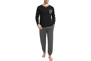 Marvmys Pigiama Uomo Invernale Cotone Lungo Due Pezzi con Bottoni Maniche Lunghe Pantaloni Lunghi Pigiama con Tasche Confortevoli Casual