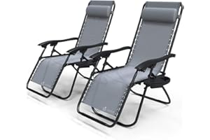 VOUNOT Set of 2 Zero Gravity Sun Loungers, with Cup Holder and Phone Hoder, Adjustable Textoline Reclining Garden Chairs, Grey