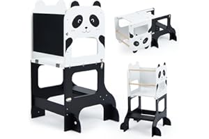 labebe torre montessoriana bambini（Altezza 92 cm）, grandi dimensioni torre montessoriana pieghevole in legno, 3 in 1 set di scrivania e sedia per bambini trasformabile con lavagna-Panda