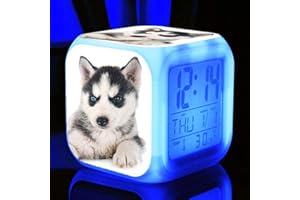 HUA5D Reveil Numerique Chien Husky Enfant Cadeau Wake Up Light Digital Alarm Clocks Fille & Garcon Ado Décoration Chambre- Animaux LED 7 Couleurs Changeantes Horloge ​Veilleuse(B288)