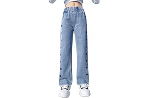 Maeau - Jeans pour filles à jambes larges - Pantalon ample tendance décontracté - Pantalon en jean pour enfants - Taille moyenne - Jean droit ample avec poches - Âge 5-14 ans