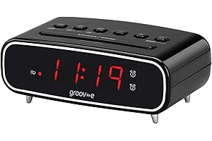 GROOV E Groov-e Rise - Digital Alarm Clock with FM Radio, LCD Display, & Dimmer Function - 12hr/24hr Time Modes - Mains Powered, Backup Battery System - Black