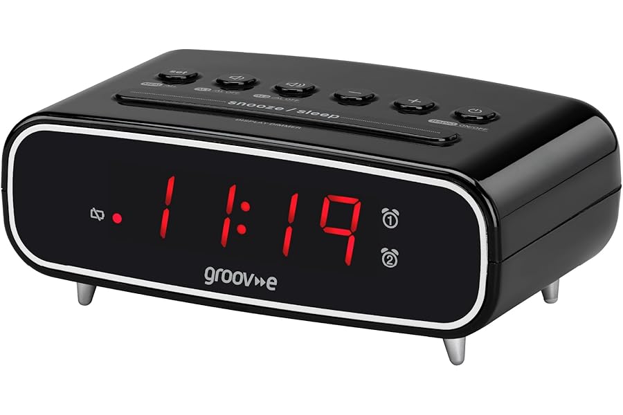 Groov-e Rise - Digital Alarm Clock with FM Radio, LCD Display, & Dimmer Function - 12hr/24hr Time Modes - Mains Powered, Backup Battery System - Black