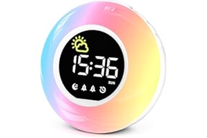 HERMIC Alarm Clock, Digital Alarm Clock Bedside with Night Light, 12 White Noise, Adjustable Volume & Brightness, 10 RGB Night Light, Timer, Snooze, Clock for Kids Adults Mains Powered (Incl. Adapter)
