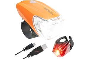 ABSINA Zestaw świateł rowerowych LED do ładowania przez USB – zasięg 100 m, 180 lumenów i 50 lx – zestaw oświetlenia rowerowego dopuszczony do ruchu drogowego – zestaw świateł rowerowych dla dzieci