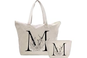 Toozen Personalizadas Bolso Tote de Mujer con Inicial, Bolsa de lona con Bolsillo Interior, Bolsa de Compras con Bolso de Cosméticos, Regalos para Damas Mejor Amigas Mamá, Regalo Cumpleaños Navidad M