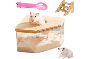 HOMURY Cuarto de baño de arena acrílico transparente para hámsters, hámsters, caja de arena con escalera y cubierta de madera natural y pala, caja de arena para hámsters, jerbos (triángulo)