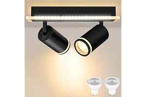 BOOTEEK LUOCAI 2 Way Ceiling Spotlight Rotatable LED Spotlight Ceiling Lights Indoor Spot Light for Kitchen Living Room Bedroom, Matte Black Spotlight Bar, Included 2x5W GU10 Bulbs(500LM,Warm White 3000K)
