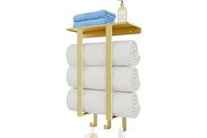 Wall Towel Rack for Bathroom, BETHOM Towel Racks with Shelf and 3 Hooks, 50cm Bath Towel Holder Storage Towels for Small Bathroom, Gold