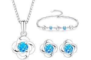 Kamise Femme Parure Argent Fin 925 avec Zirocon Cubique Bleu, Ensemble de Boucles d'oreilles & Collier & Bracelet en Forme de Trèfle, Chaîne Pendentif Hypoallergénique avec Cadeau à Bijoux