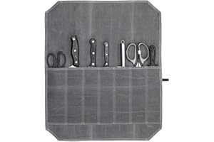Bamyli Chefs Knife Roll Bag,12OZ Waxed Canvas Knife Bag, 7 Slot Chef Bag Large Capacity Easy Carry, Tool Roll Cutlery Tool Case for Pro Chefs or Culinary Enthusiasts,Gifts for Men Dad Father (Grey)