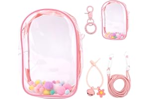 Tinoaly Vetrina Trasparente Bambole, Custodia Protettiva per peluche Supporto Tracolla Portatile in PVC Custodia Bambole con Portachiavi per Accessori Doll da 15cm/17cm (Rosa)