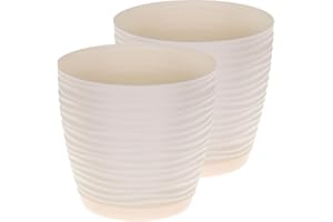 Home Garden Ornaments Plant Pots Indoor – Set of 2 Plastic Flower Pots with Saucer and Drainage Holes, Decorative 3D Wave Design (Cream, 11cm / 4.3 inch)