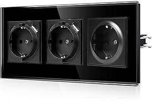 CNBINGO JFGM2 Potrójne Gniazdo Schuko Podtynkowe Z Pazurami - Szklane Gniazdko Ze Złączem USB (Typ C i USB-A, Maks. 2,1 A) - Czarne Gniazdko Ścienne Z Zabezpieczeniem Przed Dziećmi