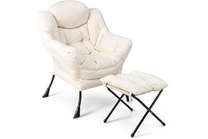 COSTWAY Fotel z taboretem, fotel relaksacyjny z podłokietnikami, kieszenią boczną i podnóżkiem, fotel telewizyjny, fotel z uszami do salonu, sypialni, biura (beżowy), NP10119BEDE