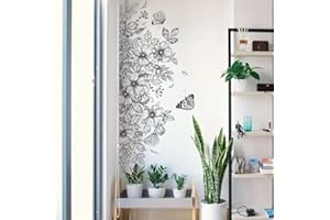 WandSticker4U® - Tatuaż ścienny z motywem kwiatów I obraz ścienny: 90 x 40 cm I naklejka ścienna kwiaty liście motyle rysunek linii I dekoracja ścienna naklejka do salonu, sypialni, korytarza, kuchni