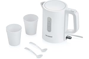 ‎SEVERIN SEVERIN turystyczny bezprzewodowy czajnik elektryczny, idealny w podróży, moc 1100 W, biały, w zestawie 2 plastikowe kubki i 2 łyżeczki, WK 3462