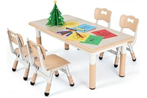 MAMIZO Kids Table with 4 Chairs, Adjustable Height Children's Table Chair Set for Nursery and Children's Room, Plastic Children's Furniture, Seating Set for Boys Girls from 2 Years, Yellow