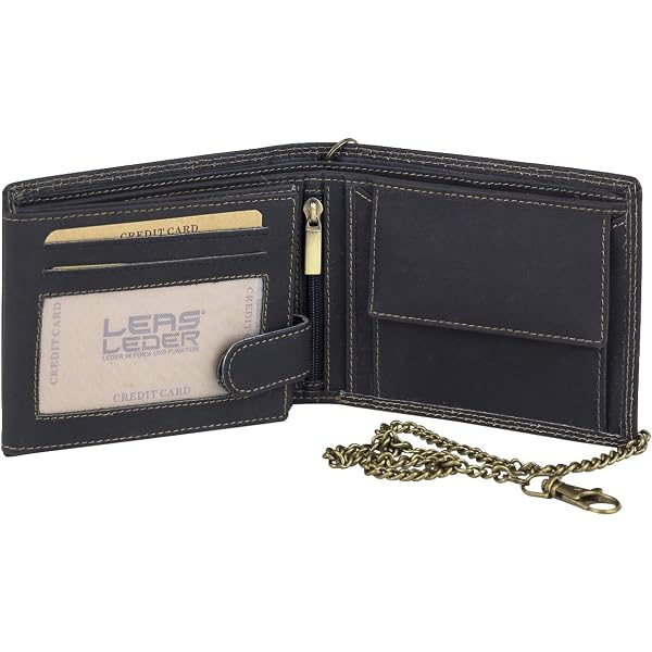 LEAS Portafoglio In Vera Pelle Con Catena - Modello Orizzontale Vintage - Nero - 5 Scomparti + Zip E Catena Di Sicurezza - 3