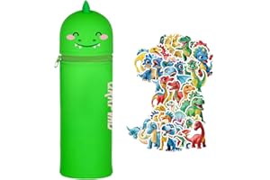 QRKPVHD Trousse Ecole 2 en 1 en Silicone Souple Kawaii, Dinosaure Vert Porte-Plume, Fermeture Eclair en Silicone, Pochette de Stylo, Crayons, Étui en Silicone Fournitures Scolaires de Grande capacité