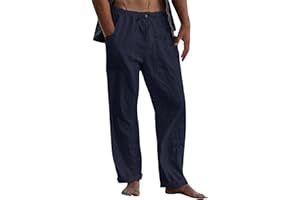 LVCBL Pantaloni in lino, da uomo, estivi, autunno, casual, in lino, con tasche, elastico in vita