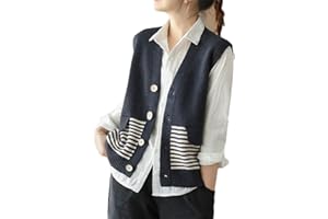 ALLOAONE Suéter Sin Mangas con Cuello En V para Mujer Chaleco con Botones A Rayas