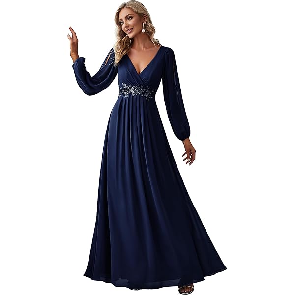 Ever-Pretty Abendkleider Elegant Für Hochzeit Lang Langarm Chiffonkleid Damen A Linie Maxi V-Ausschnitt Wedding Guest Dress Schwarz 38