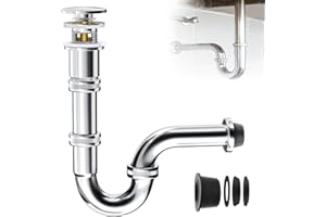 GEKUFA Sifón universal para baño + desagüe Pop Up con rebosadero para todos los estándar de 1 1/4 pulgadas, sifón de acero inoxidable, sifón de desagüe, sifón de tubo, acero inoxidable cromado