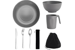 Houbobo Camping Plates and Bowls Set, Unbreakable Camping Cutlery Set with Mug, Knife, Spoon, Fork and Storage Bag, Dinnerware Sets for Apartment Essentials, Travel and Outdoor Camping (Grey)