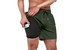 ineepor Herren Badehose mit Kompression 2in1 Board Shorts mit Reißverschlusstasche kurz Grau XS-5XL