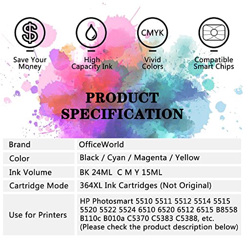 OfficeWorld Kompatible Patronen Ersatz für 364XL Patronen 4 Farbe Hohe Kapazität Kompatibel mit Photosmart 5510 5511 5512 5514 5515 5520 5522 5524 6510 6520 6512 6515 7510 7520 7515 B8550 B8558 B110c B010a C5370 C5383 C5388 C6324 C6380 D5460 D7560 C310a C410a B209a B210a HP Deskjet 3070A (1 Schwarz, 1 Cyan, 1 Magenta, 1 Gelb) - 2